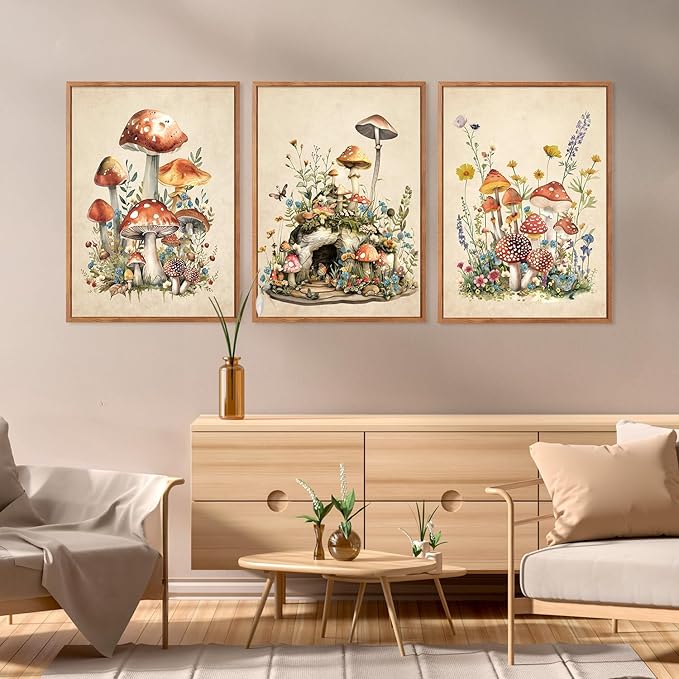 CHDITB Vintage Mushroom Framed Canvas Wall Art Set Of 3, Magic Mushrooms Wall Decor, Nature Botanical Floral Painting, Colorful Fungi Aesthetic Art Prints for Dining Room Bedroom Decor 12x16 inch