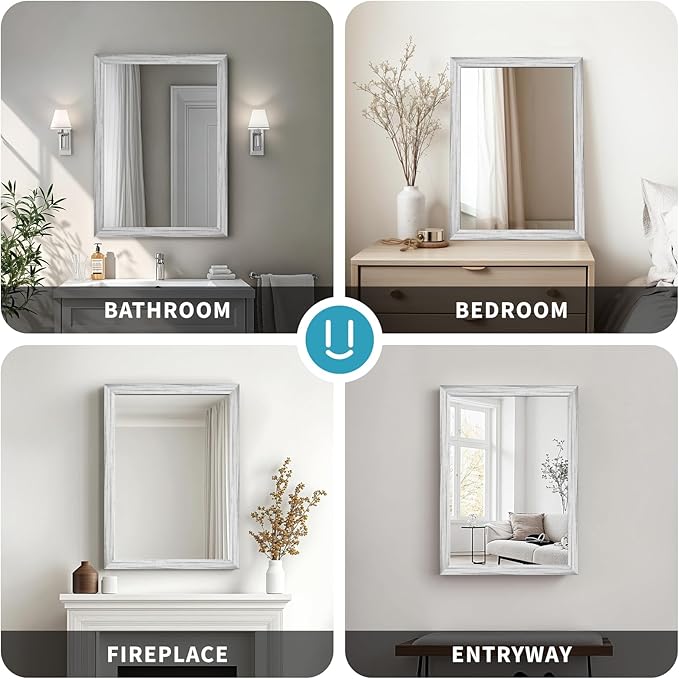 White Wood Effect Framed Wall Mirror, 16x20 Rectangle Mirror, 1/8" Anti-desilvering Tempered Glass, Sustainable& Sturdy Frame, Anti-Rust, HD Reflection &3min Fast Setup for Bathroom Living Room