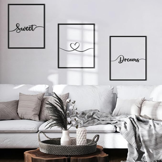 Bnesi Large 3 PCS Bedroom Wall Decoration Sweet Dream Metal Sign Bedroom Wall Decor Set Black And White Wall Art for Bedroom Wall Decor Above Bed Unique Wall Art (Dream)