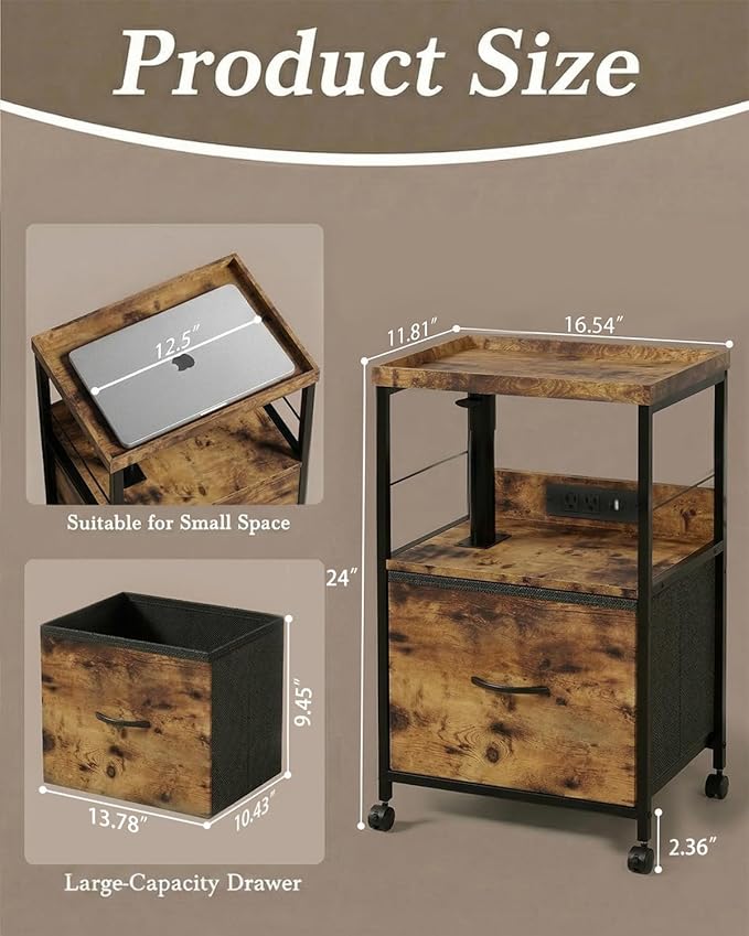 Swivel Lift Top Nightstand with Charging Station, Vacuum Forming Adjustable Bedside Table, Rolling Night Stand with Wheels, Small End Table with Fabric Drawer, for Bedroom, Living Room, Rustic