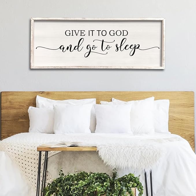 Give It To God And Go To Sleep Sign Wall Decor 40"X15" Master Bedroom Above Bed Large Farmhouse Wall Decor Wood Rustic Framed Over Bed Wall Art Hanging Decoration (White)