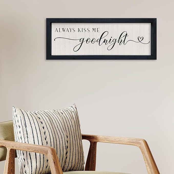 SRSZHIYUE Always Kiss Me Goodnight Sign 16"X6" Farmhouse Above Over Bed Couples Love Quotes Theme Master Bedroom Wall Decor Romantic Wedding Gift Hanging (Black)