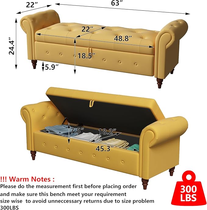 Aoowow Rolled Arm Storage Benches for Bedroom End of Bed Ottoman Bench 63" Long Bench with Storage and Seating for Living Room,Entryway,Window,Button Tufted with Solid Wood Legs (Linen Yellow)