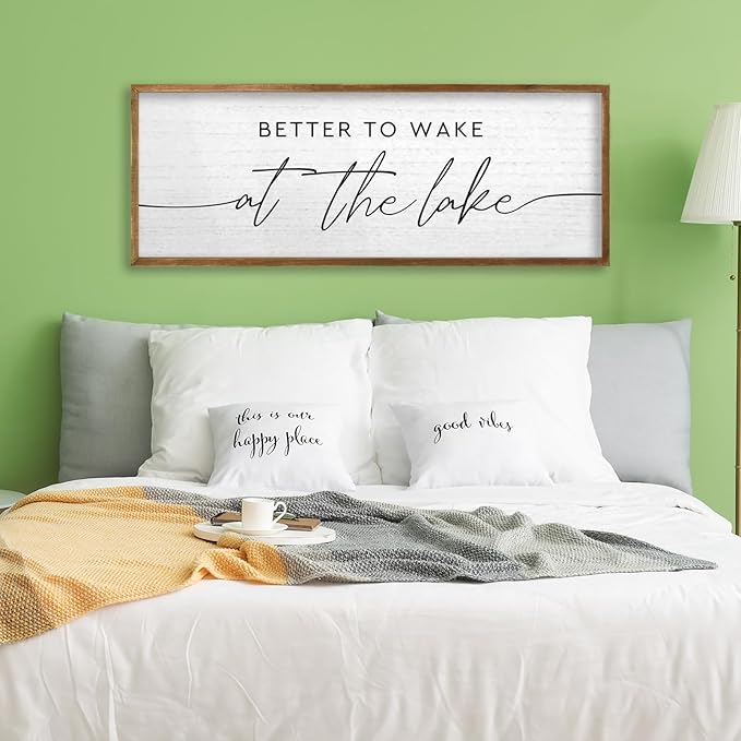 TQianJiang Lake House Decor Better To Wake At The Lake Sign 40"×15" for Bedroom Above Over Bed Large Country Home Cabin Farmhouse Rustic Quote Wood Framed Wall Hanging Art (Wood)