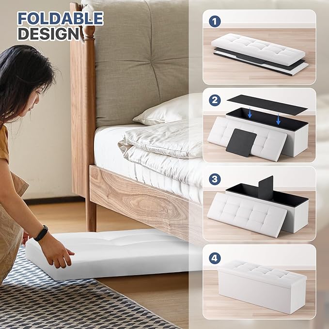 MoNiBloom 43 Inch Storage Ottoman Bench, 34 Gal. Folding Ottoman Footrest, End of Bed Bench, Rectangle Foot Stool, Supports 600 lbs, for Bedroom, Living Room, Entryway, Hallway, White