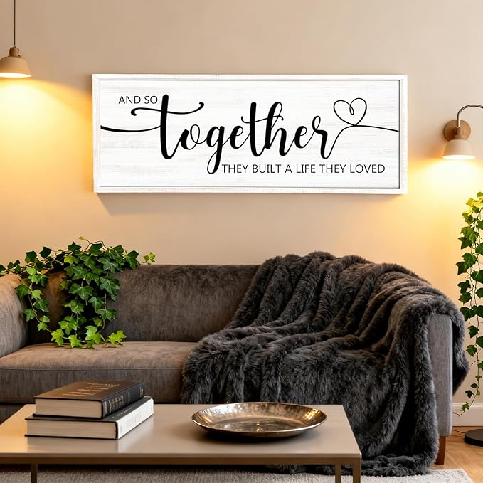 And So Together They Built A Life They Loved Decorative Rustic Sign & Plaque Framed Wall Art for Couples, 40''×15' Wooden Long Wall Decor Above Bed, Vintage Horizontal Farmhouse Wedding Gift