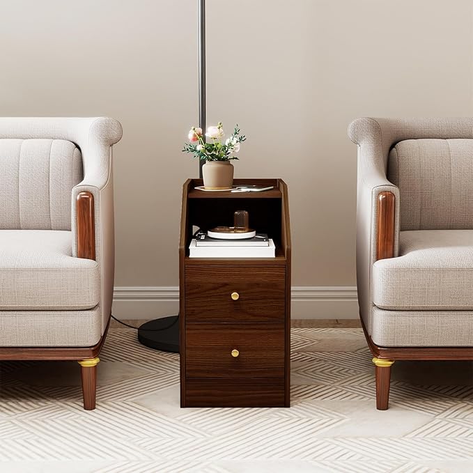KOMFOTT Set of 2 Side Tables with Charging Station, End Tables with Storage Drawers, Sofa Couch Tables for Small Space, Modern Narrow Nightstands for Bedroom (Walnut,2)