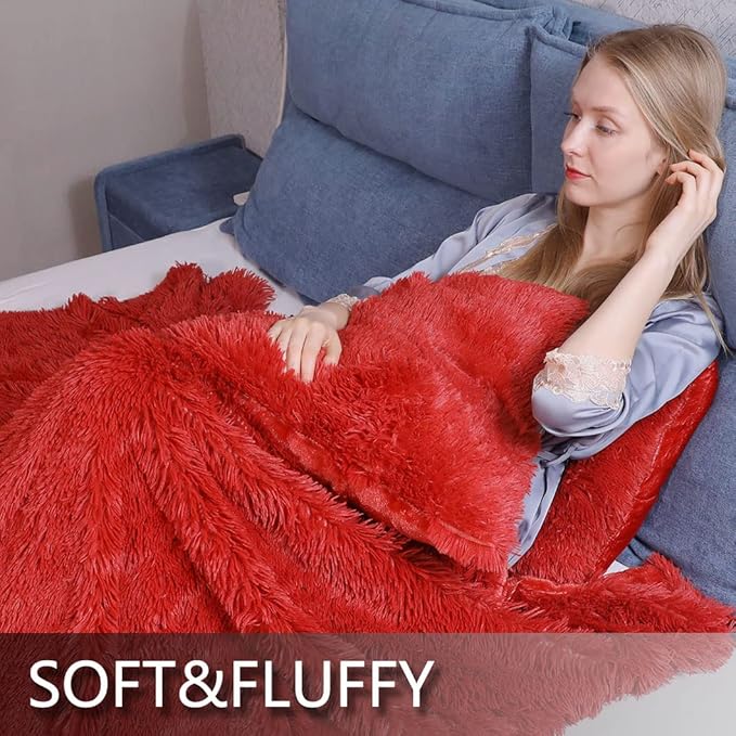 YUSOKI Long Faux Fur Throw Blanket for Sofa Couch,2 Layers,2.1lb,All Ages,Home Decoration, (Red,50" x 60")