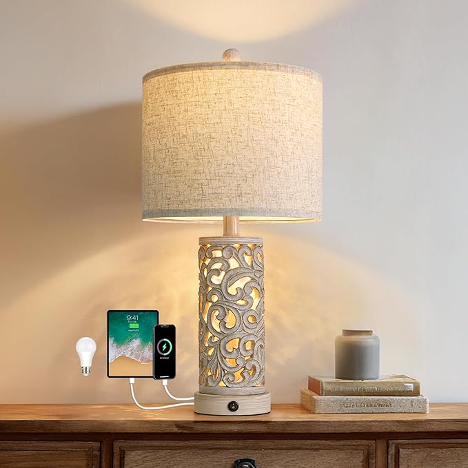 22" Dual Light Table Lamps for Living Room, USB A+C Table Lamp for Bedroom, Farmhouse Lamps for Night Stands with Linen Shade for Home Office(Bulb Included)