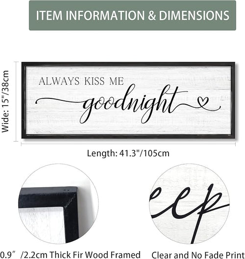 Always Kiss Me Goodnight Wall Sign Above Bed 41.3''×15'' Large Farmhouse Wall Decor for Bedroom Couples Room Decor Framed Wood Wall Art Rustic Master Bedroom Wall Decoration (black frame)