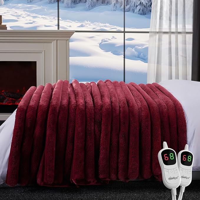 Heated Throw Blanket, Faux Fur Cozy Heating Blanket with Overheat Protection, 1/2/4/6/8 Hours Auto-Off 10 Heat Level, Machine Washable (84x90 Inches, Red)