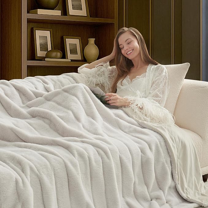 Cozy Bliss Deluxe Sheared Rabbit Faux Fur Throw Blanket, Soft Fuzzy High-Low Sculpted Plush Blanket for Couch, Cozy Home Accent, All Season Use, Beige 60"x80"