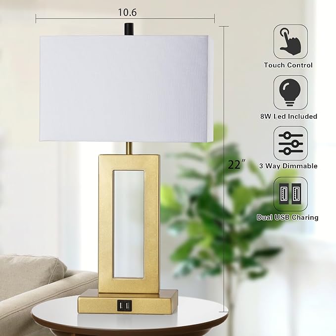 Gold Table Lamps Set of 2 with Dual USB Ports,3-Way Dimmable Touch Control Bedside Lamps,22inch Tall Modern Bedroom Table Lamp for Living Room,Nightstand LED Bulbs Included