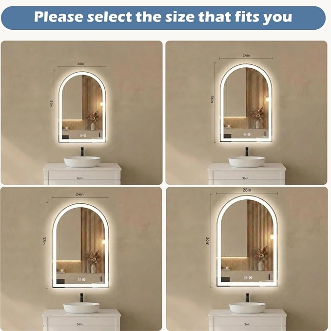 Sweetcrispy 24“×32” LED Bathroom Backlit Mirror with Lights, Arched Vanity Mirror with Anti-Fog, Dimmable, 3-Color Light, Memory Function, Tempered Glass