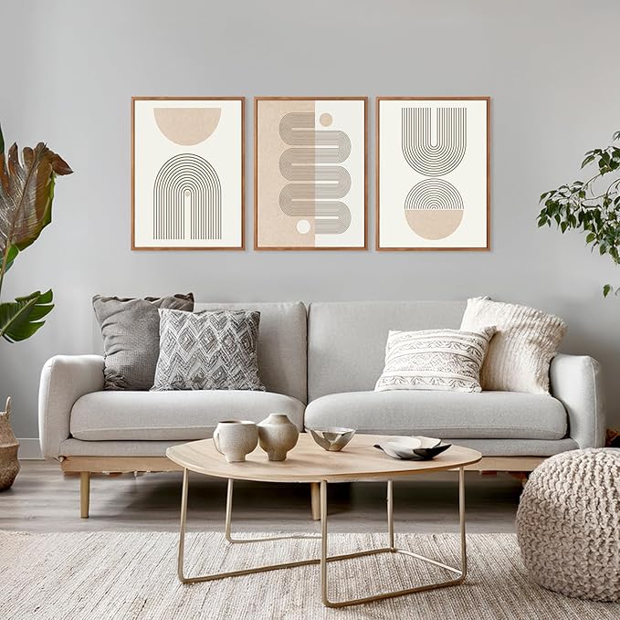 CHDITB Mid-Century Modern Framed Canvas Wall Art Set Of 3, Neutral Art Boho Wall Decor, Beige Geometric Wall Painting, Abstract Minimalist Art Prints For Living Room, Bedroom (12X16 Inch)