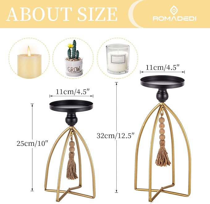Romadedi Candle Holder Boho Decor - Set of 2 Metal Pillar Candle Stand with Beads for Living Room Mantle Shelf Farmhouse Table Centerpiece for Rustic Chic Home Decoration