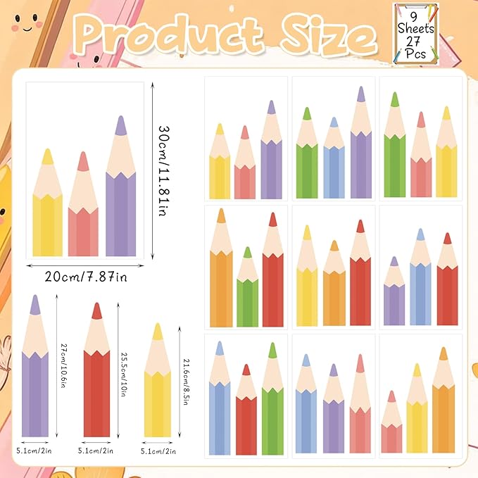 Colored Pencils Wall Decals - 9 Sheets 27 Pcs Colorful Pencil Wall Stickers Peel and Stick Classroom Wall Decor for Back to School Preschool Playroom Nursery