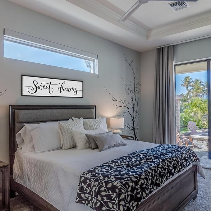 Sweet Dreams Wall Decor Above Bed: Wall Art Bedroom Sign - Guest Room Decor - Master Bedroom Farmhouse Decoration Rustic Black Frame Hanging 12 × 40 Large