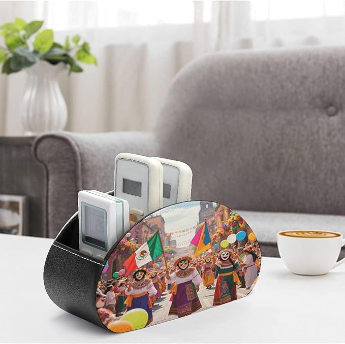 Colorful Mexico Remote Control Holder Organizer Box with 5 Compartment PU Leather Bedside Storage Caddy Remote Organizer for Controller Media Player Pen/Pencil Storage