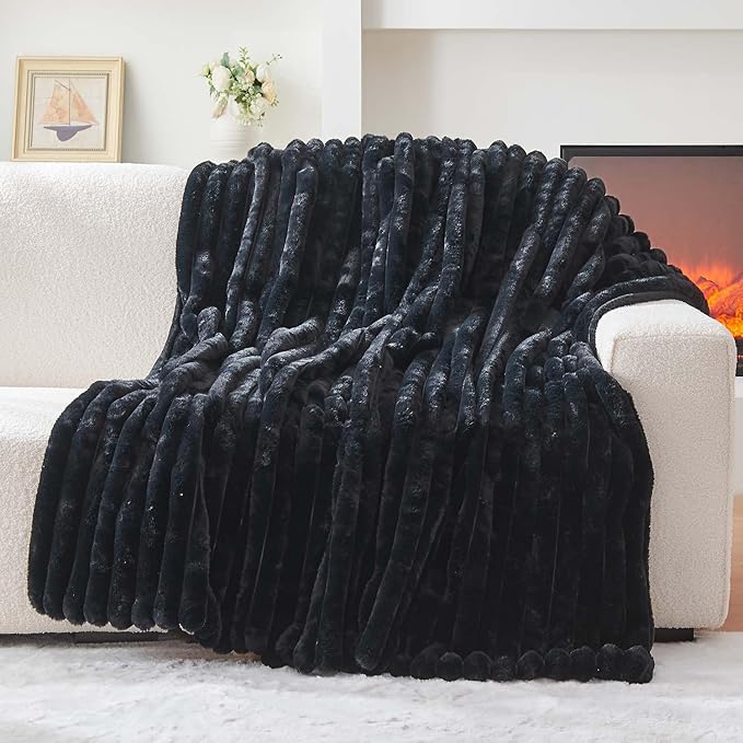 Lotus Karen Blanket for Bed Queen Size, Cozy Soft Fluffy Fuzzy Black Blanket, Striped Warm Thick Furry Plush Shaggy Large Blankets for Women, 90x90 Inches