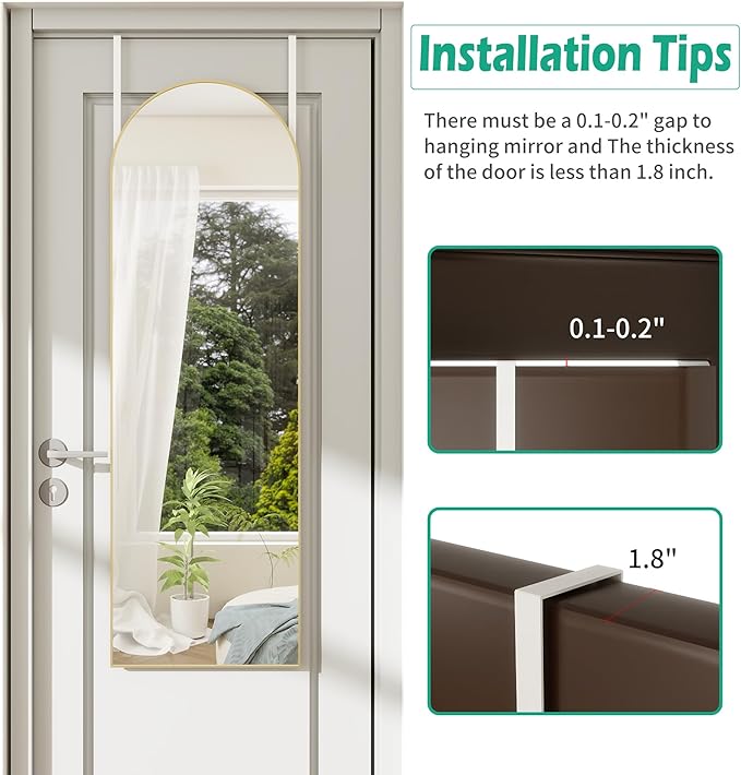 TinyTimes Over The Door Mirror Full Length,48"x14"Door Hanging Mirror Full Length Arch Mirror,Behind The Door Wall Mirror,Back of Door Mirrors for Closet Bedroom Living Room (Gold)