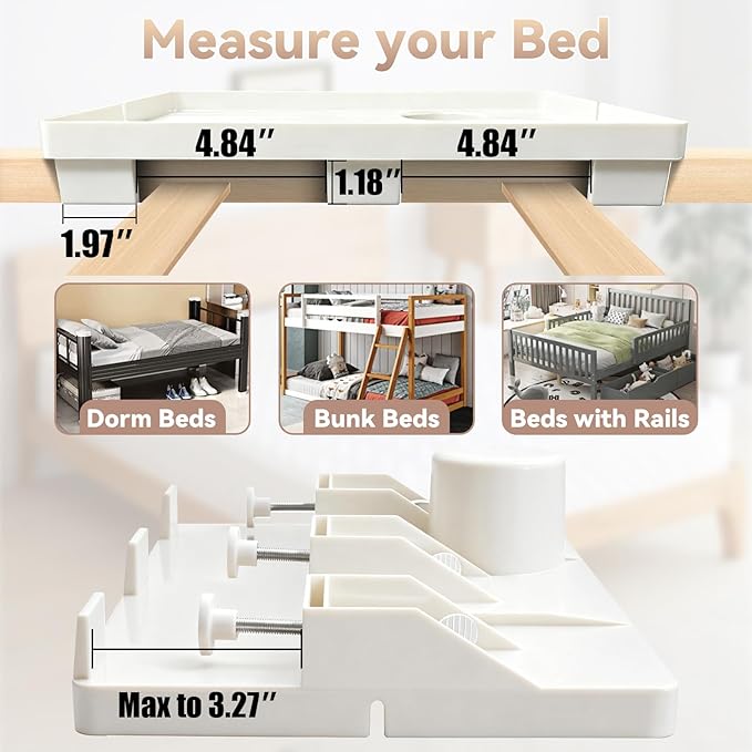 Bedside Shelf Dorm Bunk Bed, Bedside Caddy Shelf Dorm Bed, No Drill College Nightstand Organizer for Personal Items Books Glasses Apartment Bedroom Compact Space Solution Large+White