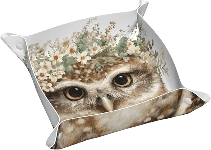 Watercolor Woodland Owl With Floral Crown Wildflowers Valet Tray Leather Desktop Storage Organizer Bedside For Jewelry Keys Coin Candy Sundries