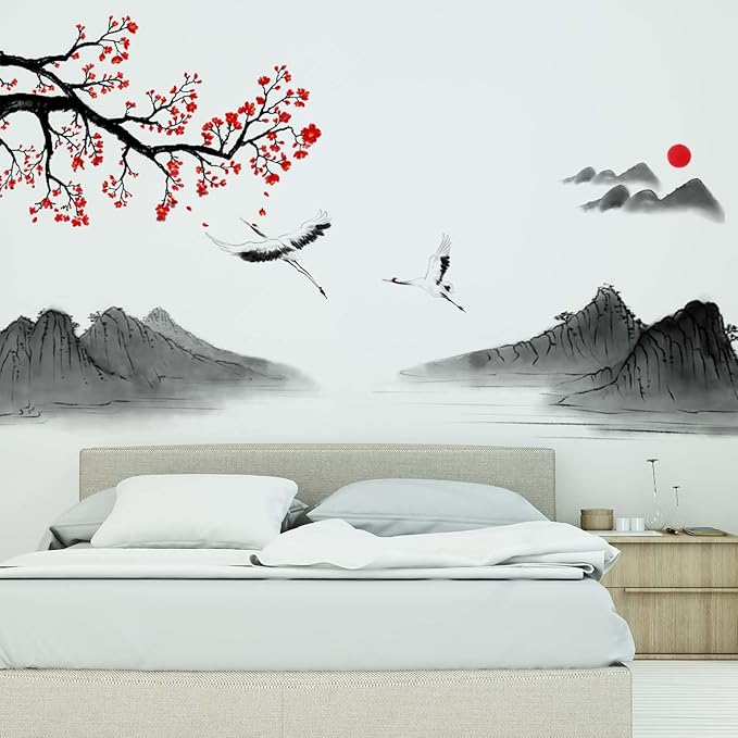 Japanese Style Landscape Painting Wall Stickers - Cherry Blossom Wall Decals - Bedroom Living Room Sofa TV Background Home Wall Décor