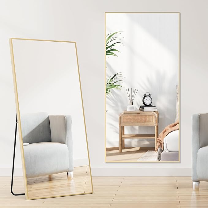 DUMOS Full Length Mirror 26"x 68.1" for Bedroom, Full Body Mirror with Stand, Hanging or Leaning for Wall, Aluminum Alloy Thin Frame Floor Standing for Living Room, Long, Gold