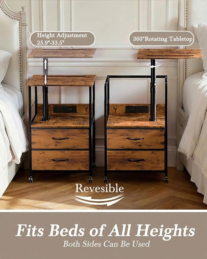 360° Swivel Nightstand with Height Adjustable, Lift Top Bedside Table with Charging Station, Rolling Night Stand with 2 Fabric Drawers, End Table with Wheels, for Bedroom, Living Room, Rustic Brown