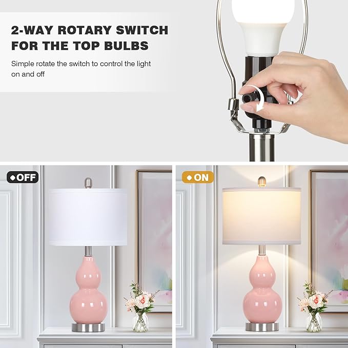 Double Gourd Ceramic Table Lamps Set of 2, Modern Pink Bedside Lamps for Night Stand, Contemporary Nightstand Lamps for Bedroom Living Room (Bulb Included)