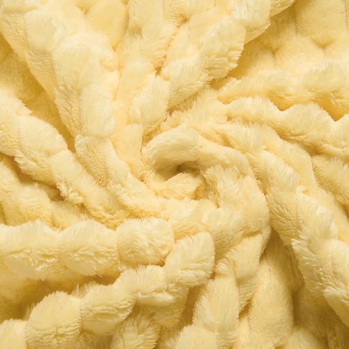 Vessia Flannel Fleece Queen Size Bed Blanket(90x90 inch), 3D Jacquard Light Yellow Fuzzy and Warm Blanket for Adults, 300GSM Super Soft Touch Cozy Lightweight Bed Decor for All-Season