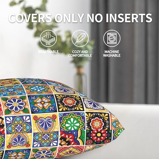 Mexican Talavera Tile Throw Pillow Covers 18x18 Set of 2, Colorful Boho Floral Pillowcases, Soft Square Cushion Covers for Couch Sofa Living Room Bedroom Farmhouse, Spring Easter Mexican Home Decor
