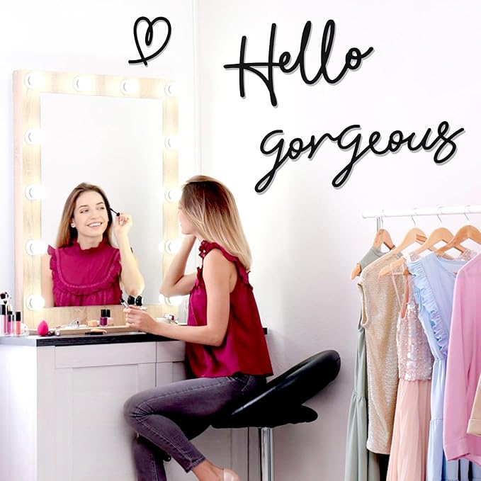 Bnesi Hello Gorgeous Heart Sign Wall Decor Black Metal Wall Decor Modern Hello Gorgeous Elegant Metal Wall Art Decor for Bathroom, Bedroom, Lash room (Black, Large)
