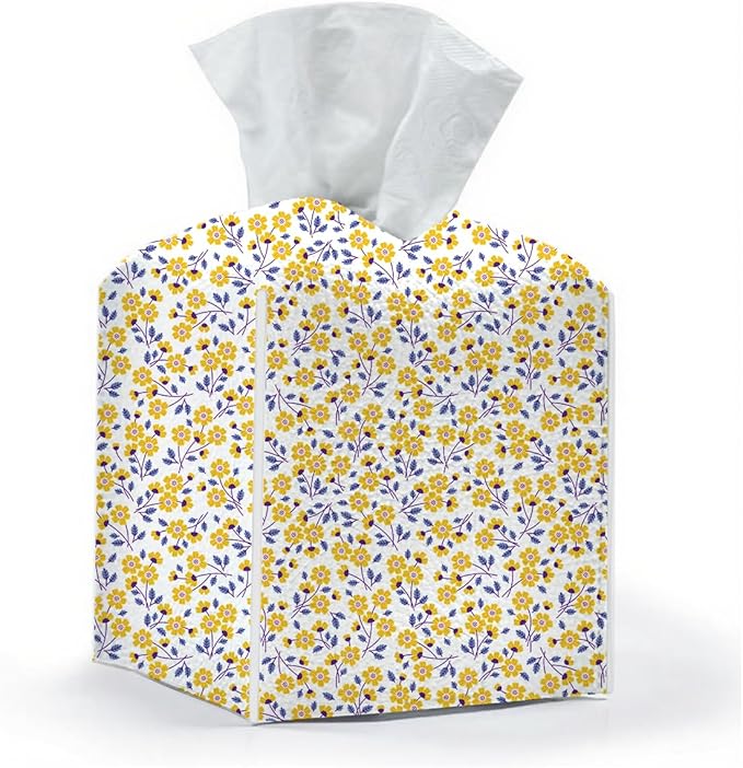 Tissue Box Cover, Tissue Box Holder, Square with Belt Bottom, PU Leather Decorative Organizer for Desk, Tabletop, Countertop Bathroom, Toilet Car, Office, Bedside, Aesthetic Yellow Flower Decor