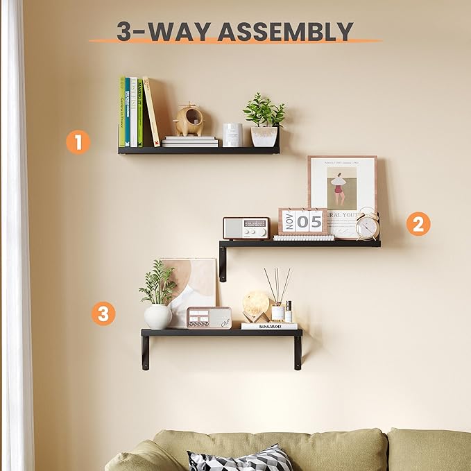 upsimples 23.6 Inches Floating Book Shelves for Wall, Floating Wood Shelves for Living Room, Laundry Room, Bedroom, Office Organizer and Storage, Black