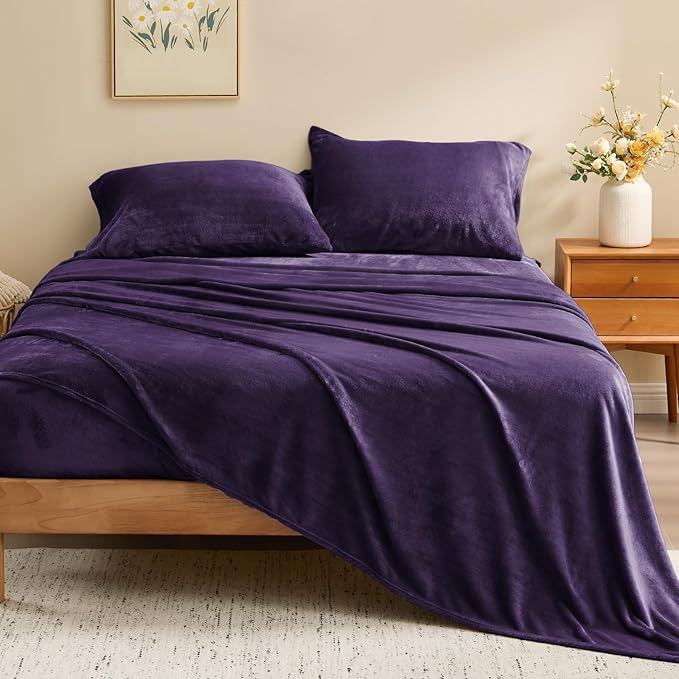 BEDELITE Flannel Sheets Full Size Purple - Super Soft Fleece Sheets Set Fluffy Extra Plush, 4 Piece(Include Fitted Sheet, Flat Sheet, 2 Pillowcases)