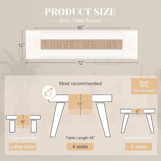FEXIA Boho Table Runner for Fall Home Decor with Tassels 72 Inches Long Farmhouse Rustic Table Runner Macrame Burlap Table Decoration for Living Room Bridal Shower(12x72 Inches)
