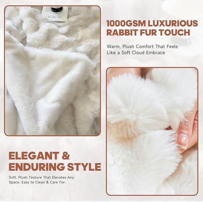 Luxury 1000GSM Faux Rabbit Fur Bubble Throw Blanket, Elegant White, Ultra Soft Plush 3D Bubble Design, Reversible Mink Blanket for Couch, Sofa, Bed & Living Room, 60" x 80" Gift for Women & Family