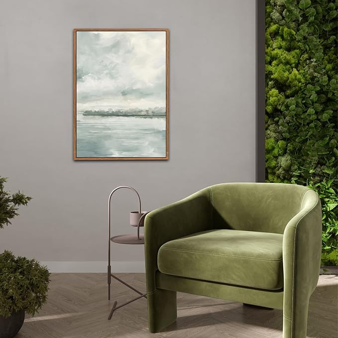 CHDITB Abstract Coastal Landscape Framed Wall Art, Lake Pastel Painting, Misty Sky Seascape Print, Blue Gray Artwork Minimalist Neutral Nature Wall Decor for Zen Living Room Bedroom Office 16"x24"x3
