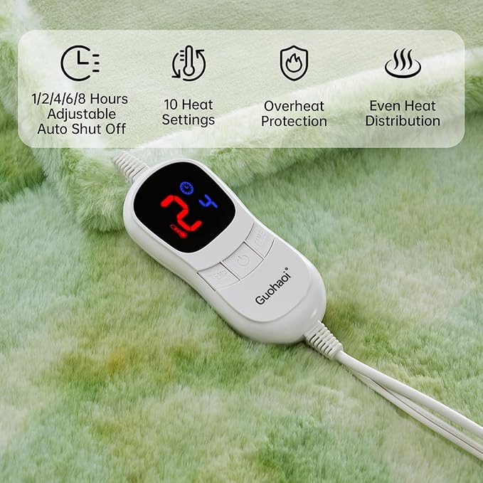 Guohaoi Heated Blanket Electric Throw, Soft Faux Rabbit Fur Electric Blanket with 10 Heating Levels 5 Sitting Timer Auto Off, Cozy Warm Heating Blankets, Machine Washable(72"×84" Light Green)