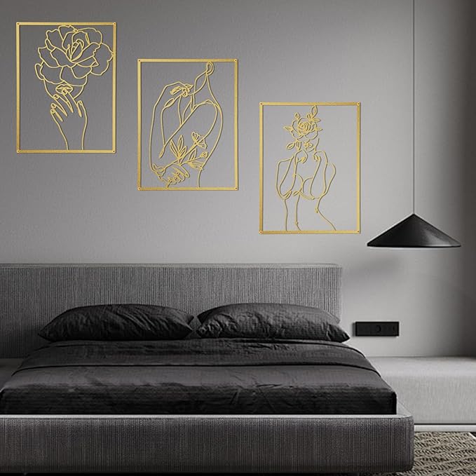 GOKURVG Wall Art Over Bed Wall Decor 3Pcs Metal Wall Art Above the Bed Wall Decor Minimalist Single Line Art Flower Woman Wall Art Gold Room Decor for Bedroom Modern Wall Art for Indoor 16.5x12.5in