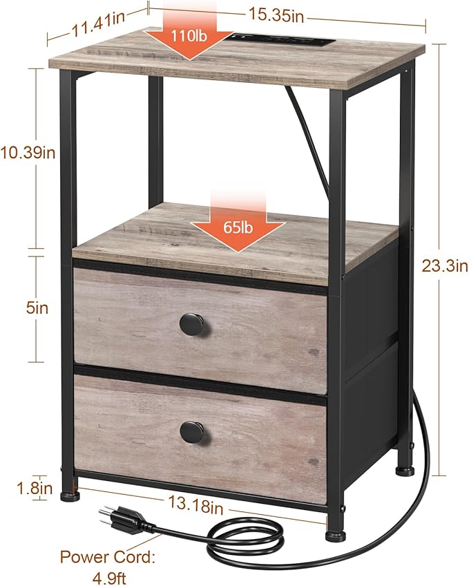 Night Stand Set 2, LED Nightstand with Charging Station, End Tables with Storage Shelf, Bedside Table with 2 Fabric Drawers for Bedroom, Small Spaces, Grey HETS02PGY