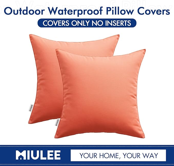 MIULEE Pack of 2 Decorative Outdoor Waterproof Pillow Covers Square Garden Cushion Sham Throw Pillowcase Summer Shell for Patio Tent Couch 18x18 Inch Coral Red
