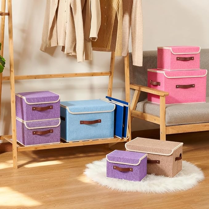 Storage Boxes with Lid Cotton Linen Fabric Storage Bins Organizer Container Decorative Collapsible Washable Shelf Baskets Faux Leather Handles for Home Bedroom Closet (Light Blue, Large)