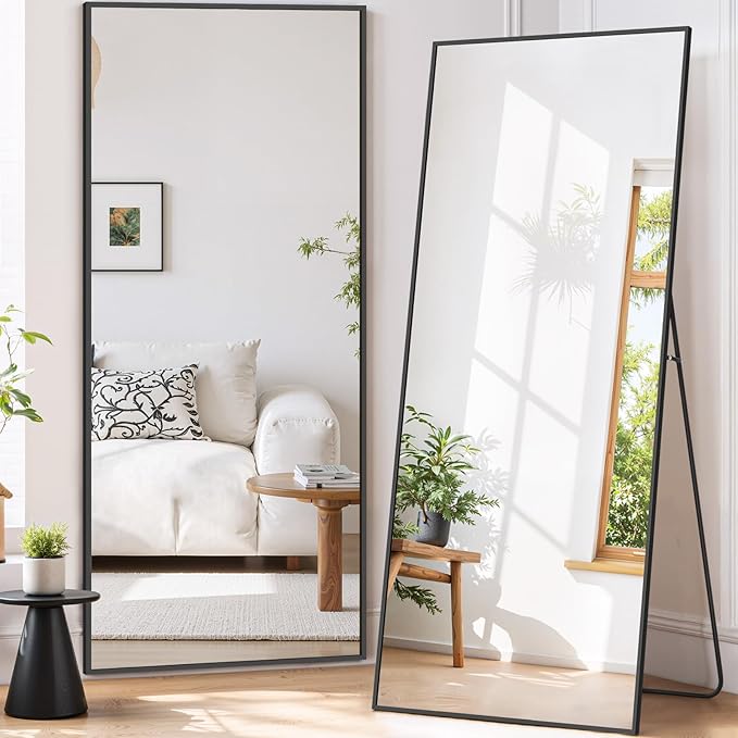 Full Length Mirror 71"x26" Full Body Mirror Rectangle Free Standing Wall Mounted Leaning Floor Mirrors with Stand Aluminum Alloy Frame for Bedroom Cloakroom, Black