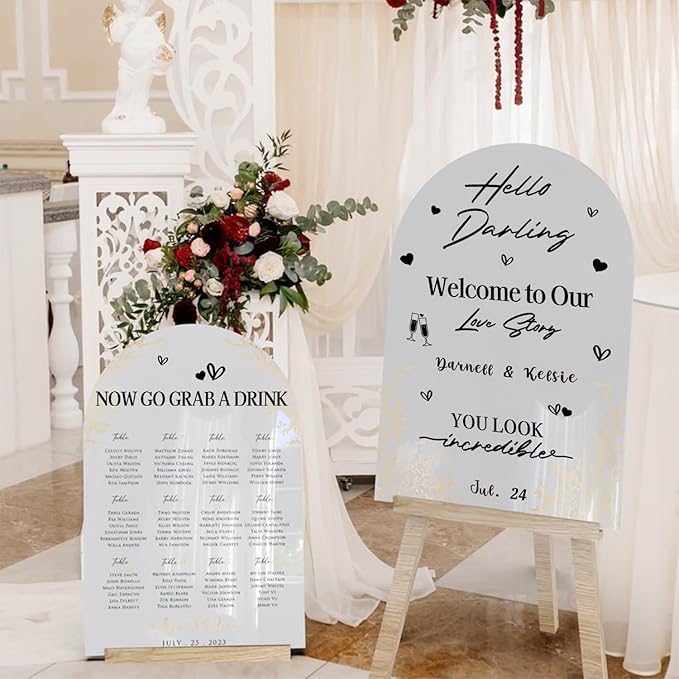 HLNIUC Welcome To Our Love Story Mirror Stickers Double-Sized 2Pcs,DIY Lettering Wedding Wall Decal,Bride And Groom Names Decals,Hello Darling Wedding Sticker for Window Sign Marriage Decoration