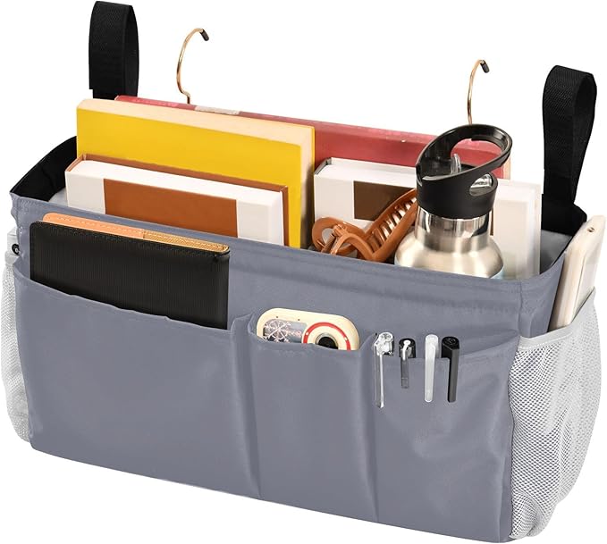 Grey Bedside Caddy Storage Bag Bedside Organizer for Dorm Room Top Bunk Bed Organizer Caddy Hanging Shelf 6 Pockets with Hooks for Book Glasses Phone Holder