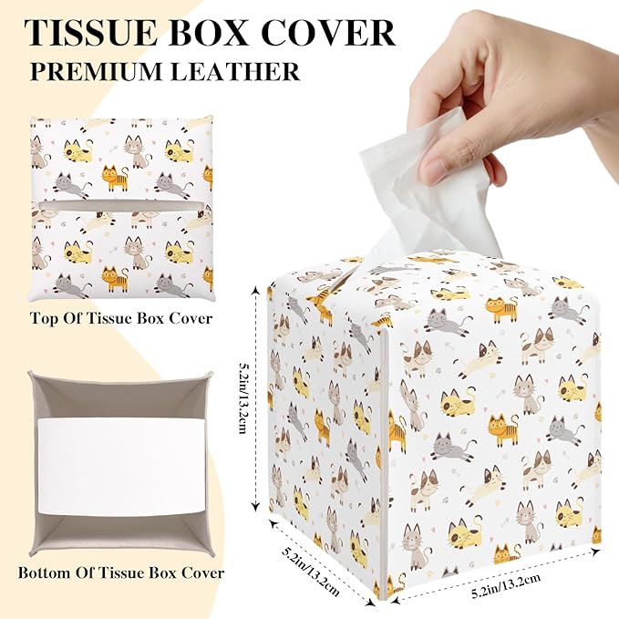 Cute Cats Tissue Box Cover, Modern Tissue Holder Square with Bottom Belt for Home Bathroom Office Car Nightstand Vanity Desk, Housewarming Gifts Ideas for Women Friends Mom -21