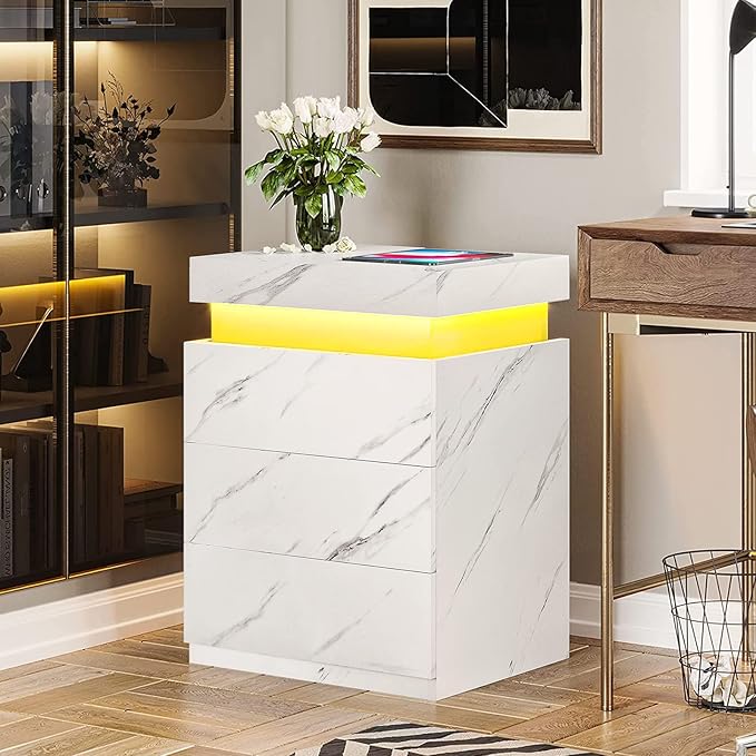 ADORNEVE Nightstand with Charging Station and LED Lights,Night Stand with Sliding Top for Bedroom,Bedside Table with Drawers,Modern End Side Table,White Marble